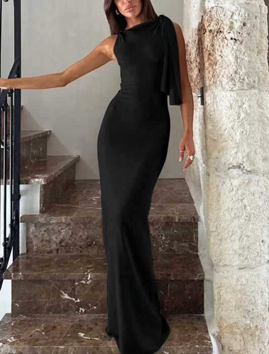 Long Asymmetrical Tie Shoulder Dress