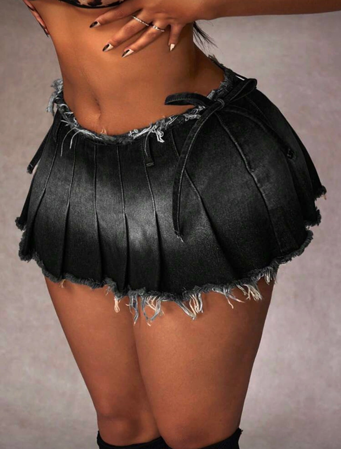 Fringe Denim Pleated Mini Skirt