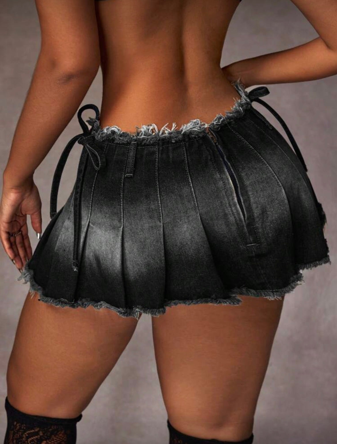 Fringe Denim Pleated Mini Skirt